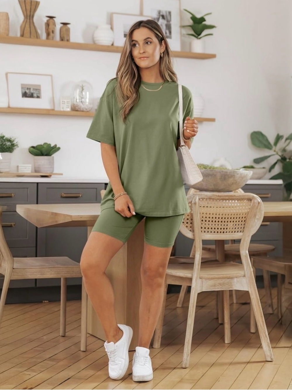 NEW!! Olive Green Casual Oversized Tee & Bike Short Set Size XL. Never Worn!!